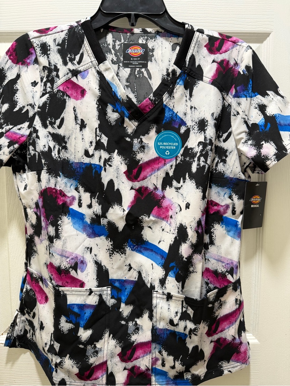 Dickies Abstract Brushstroke V-Neck Scrub Top in Black, White, Blue & Pink